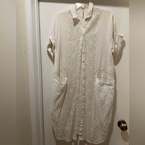 Free People Cream Eyelet Short Sleeve Buttoned Down Short Sleeve Tunic Dress S